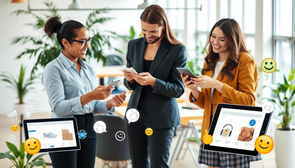 A vibrant e-commerce scene illustrating the benefits of consumer-to-consumer transactions. In the foreground, two individuals—one wearing professional business attire and the other in smart casual clothing—are happily exchanging products through a mobile app on their smartphones. The middle ground features various online products showcased on large tablets, surrounded by an assortment of shopping icons and positive symbols like thumbs-up and smiling emojis, representing satisfaction and trust. In the background, a bright, modern workspace filled with greenery and soft natural light creates an inviting and optimistic atmosphere. The overall mood is collaborative and positive, highlighting community connections and the ease of transactions among consumers. Use a slightly angled camera perspective to enhance visual interest.