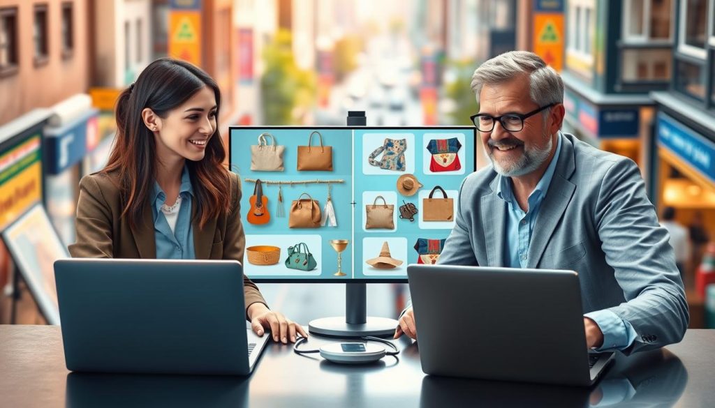 A vibrant illustration of a digital marketplace, showcasing a seamless Consumer-to-Consumer (C2C) model. In the foreground, two individuals interact through their laptops, one a young woman in smart casual clothing and the other a middle-aged man in business attire, sharing ideas over video call. The middle-ground features a split screen displaying various products like handmade crafts and vintage items being traded online, symbolizing diverse consumer goods. In the background, soft-focus visuals of a bustling urban landscape and digital interface elements subtly hint at e-commerce trends. Natural lighting casts a warm glow, creating a friendly, inviting atmosphere, while an aerial view angle emphasizes the dynamic nature of online transactions.