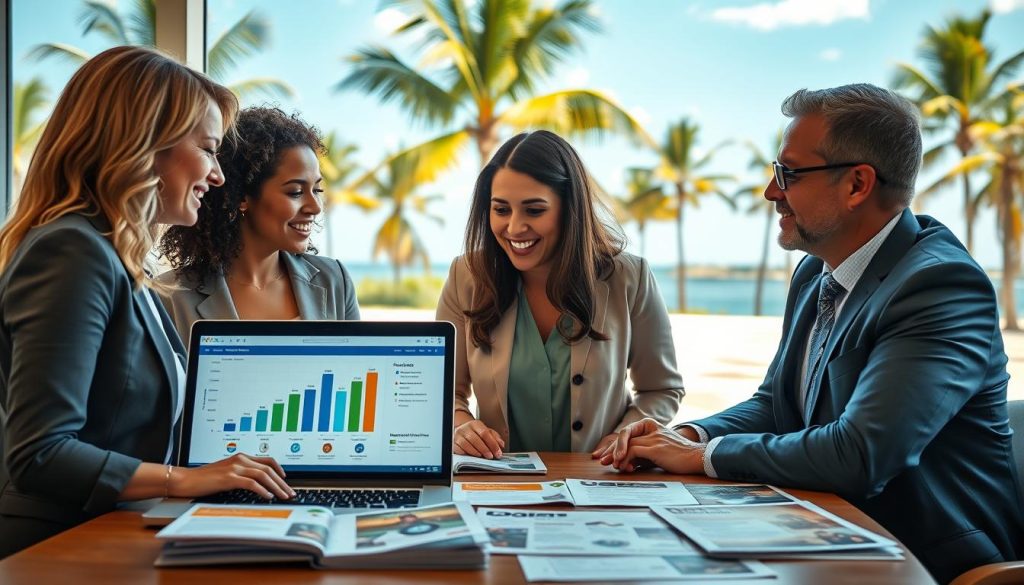 A vibrant, informative scene depicting various Florida small business grant opportunities. In the foreground, a diverse group of three small business owners—two women and one man—dressed in professional business attire, are engaged in discussion over a laptop showing a colorful graph of grant options. The middle layer features a table with brochures and flyers for Florida grants, showcasing a bright sunlit atmosphere that reflects a sense of optimism and opportunity. The background reveals a scenic Florida landscape with palm trees and a clear blue sky, reinforcing the warm, inviting mood. Soft, natural lighting enhances the scene, providing a realistic feel. The image is framed at a slight angle to capture both the discussion and the grant materials effectively. A vibrant, informative scene depicting various Florida small business grant opportunities. In the foreground, a diverse group of three small business owners—two women and one man—dressed in professional business attire, are engaged in discussion over a laptop showing a colorful graph of grant options. The middle layer features a table with brochures and flyers for Florida grants, showcasing a bright sunlit atmosphere that reflects a sense of optimism and opportunity. The background reveals a scenic Florida landscape with palm trees and a clear blue sky, reinforcing the warm, inviting mood. Soft, natural lighting enhances the scene, providing a realistic feel. The image is framed at a slight angle to capture both the discussion and the grant materials effectively.