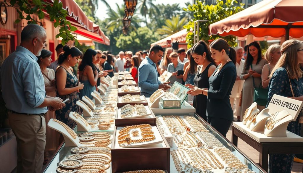 A vibrant outdoor jewelry market scene bustling with customers browsing a diverse array of sparkling jewelry displays. In the foreground, an elegant table showcases a variety of gold and silver necklaces, bracelets, and rings, glinting in the sunlight. The middle ground features friendly vendors in professional attire engaging with patrons, while customers examine beautifully crafted pieces under colorful awnings. In the background, lush greenery and charming market stalls create an inviting atmosphere. Soft, natural lighting enhances the scene, highlighting the intricate details of the jewelry, with a slightly blurred depth of field to draw focus on the merchandise. The overall mood is lively and hopeful, reflecting the vibrant energy of the jewelry market landscape, perfect for e-commerce aspirations.