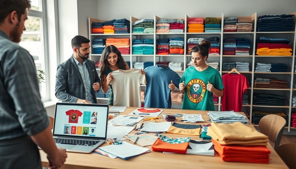 A vibrant scene depicting a modern t-shirt business workspace. In the foreground, a diverse group of three professionals—two men and one woman—are brainstorming ideas. They are dressed in smart casual attire, holding colorful t-shirt samples with unique designs that reflect various styles. In the middle ground, a large table is cluttered with design sketches, fabric swatches, and a laptop displaying an e-commerce website for t-shirt sales. The background features shelves lined with neatly folded t-shirts, each showcasing a variety of colors and patterns, hinting at a strong unique selling proposition. Soft, natural lighting highlights the creativity in the room, creating an inviting and inspiring atmosphere, with a shallow depth of field focusing on the group and their vibrant designs.
