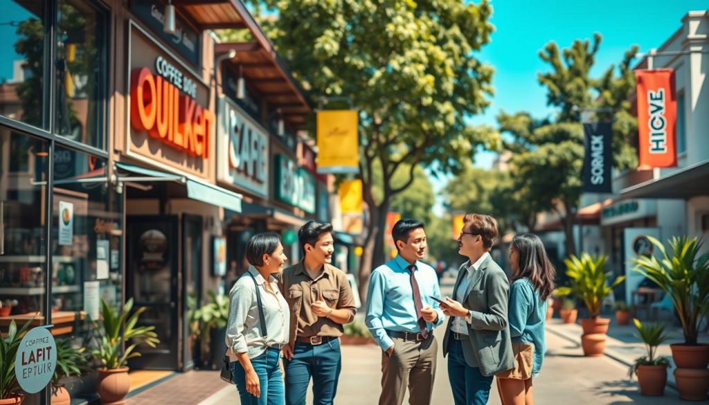 A vibrant small business landscape, showcasing a bustling street filled with diverse storefronts such as a cozy coffee shop, a trendy boutique, and a tech startup office. In the foreground, a group of diverse entrepreneurs, dressed in professional business attire, engage in animated discussions, illustrating collaboration and innovation. In the middle, the street is lined with colorful banners and potted plants, creating an inviting atmosphere. The background includes a bright blue sky and green trees, emphasizing a lively urban setting. Soft, warm lighting casts gentle shadows, capturing a welcoming mood. The scene is framed with a slight tilt angle to add dynamism, reflecting the energetic spirit of small businesses and e-commerce growth.
