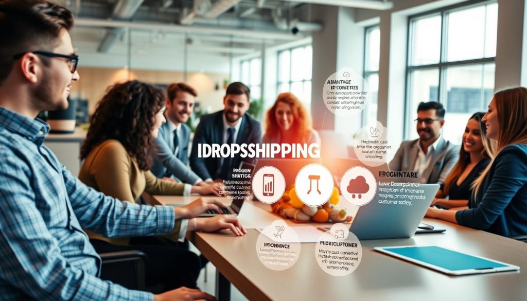 A vibrant workspace illustrating the benefits of dropshipping. In the foreground, a diverse group of professionals, dressed in smart casual attire, enthusiastically discussing e-commerce strategies around a modern conference table with laptops and graphs. In the middle ground, an infographic displaying key dropshipping advantages, like low overhead costs and a global customer reach, creatively integrated into the scene. The background features a bright, airy office with large windows letting in natural light, providing an optimistic and empowering atmosphere. The camera angle is slightly elevated, focusing on the interaction and emphasizing the collaborative spirit. The overall mood is inspiring and dynamic, showcasing the potential of dropshipping in the e-commerce landscape.