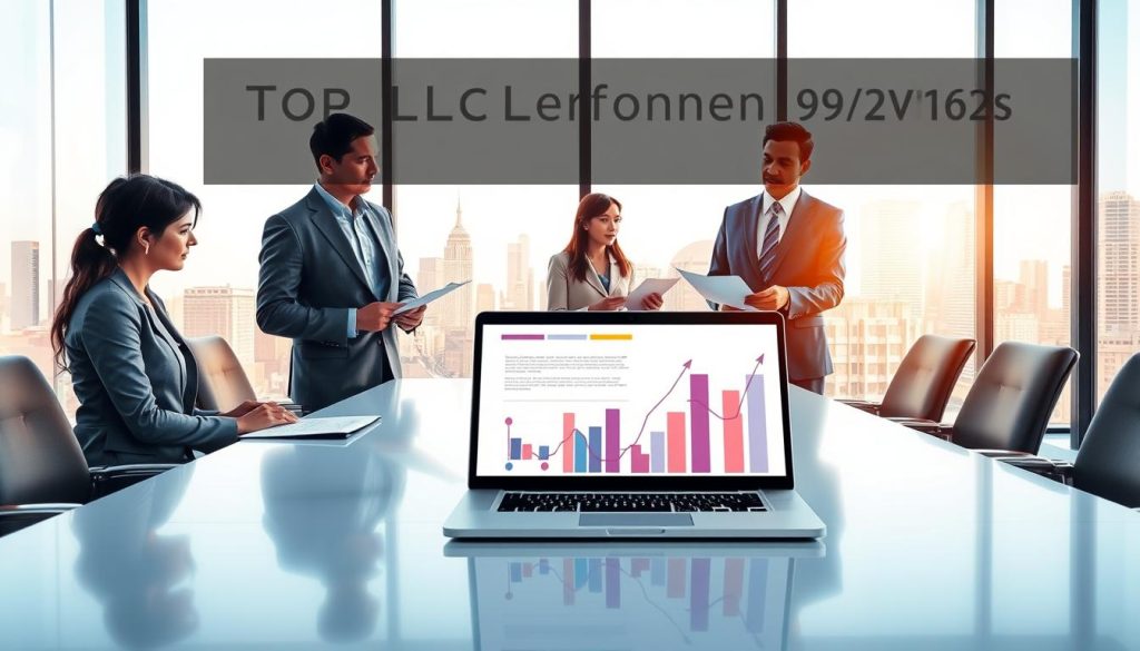 A visually appealing illustration representing the concept of top LLC formation services. In the foreground, display a professional business team in smart attire, reviewing documents and discussing strategies at a sleek conference table. The middle ground features a modern laptop open with graphs and charts visible on the screen, symbolizing e-commerce growth. In the background, a bright office space with large windows shows a city skyline, bathed in natural light, creating an optimistic atmosphere. Use a wide-angle lens to capture the dynamics of collaboration and professionalism, while maintaining a warm and inviting ambiance. The overall mood should convey trust, reliability, and efficiency in launching LLCs.