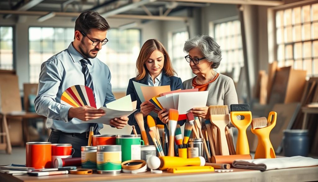 A visually compelling scene illustrating the painting industry trends. In the foreground, a diverse group of three professionals in smart attire – a middle-aged man, a young woman, and a senior woman – are collaborating over color swatches and paint samples, showcasing a variety of paint finishes. In the middle ground, display a vibrant assortment of paint cans and tools, including brushes, rollers, and drop cloths, emphasizing innovation and variety in the industry. The background highlights a well-lit workshop or studio with large windows, allowing natural light to illuminate the workspace. Soft shadows create a warm, inviting atmosphere, while a subtle bokeh effect adds depth. The overall mood should convey creativity, collaboration, and professionalism in the evolving painting business landscape.