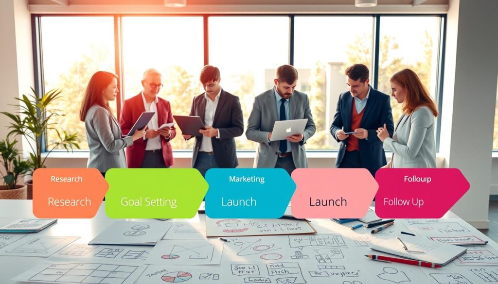 A visually engaging and informative illustration of a crowdfunding campaign timeline, featuring a series of distinct phases. In the foreground, showcase a stylized, colorful timeline with labeled segments: "Research," "Goal Setting," "Marketing," "Launch," and "Follow-Up." The middle ground should include professionals in business attire, engaging in discussions and planning, with laptops and documents spread out on a table covered with sketches and notes. The background should depict a vibrant office environment with large windows allowing warm, natural light to flood the space, creating an optimistic and focused atmosphere. Use a slightly elevated angle to capture both the timeline and the collaborating team, fostering a sense of motivation and strategy focused on crowdfunding success.