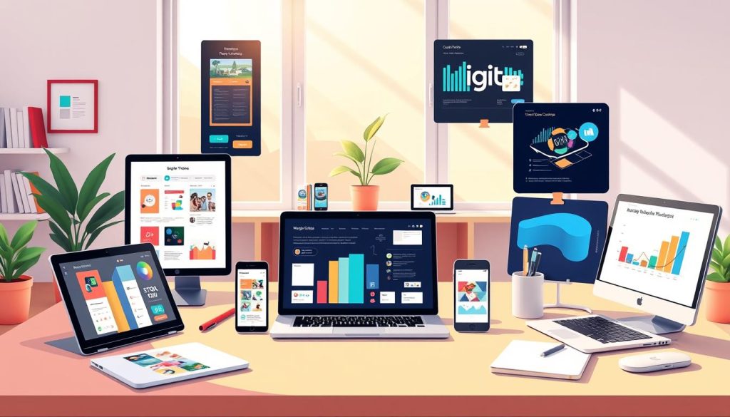 A visually engaging illustration of various digital product categories, displayed on a sleek, modern workspace. In the foreground, several digital devices like laptops, tablets, and smartphones showcase diverse digital products such as eBooks, stock photos, digital art, online courses, and software applications. The middle ground features a warm, inviting workspace with a stylish desk adorned with a potted plant and minimalistic stationery. In the background, soft natural lighting filters through a large window, casting gentle shadows. The atmosphere radiates creativity and professionalism, appealing to entrepreneurs and content creators exploring their niche. The overall tone is vibrant and inspiring, fostering a sense of innovation and opportunity in the digital marketplace. A visually engaging illustration of various digital product categories, displayed on a sleek, modern workspace. In the foreground, several digital devices like laptops, tablets, and smartphones showcase diverse digital products such as eBooks, stock photos, digital art, online courses, and software applications. The middle ground features a warm, inviting workspace with a stylish desk adorned with a potted plant and minimalistic stationery. In the background, soft natural lighting filters through a large window, casting gentle shadows. The atmosphere radiates creativity and professionalism, appealing to entrepreneurs and content creators exploring their niche. The overall tone is vibrant and inspiring, fostering a sense of innovation and opportunity in the digital marketplace.