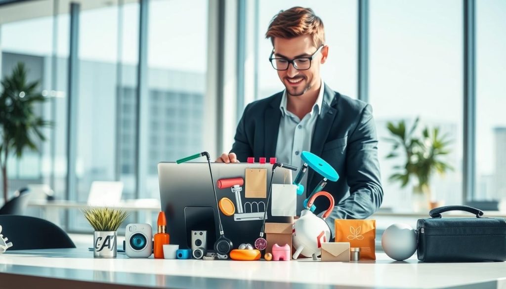 A visually engaging representation of dropshipping benefits, featuring a modern workspace in the foreground where a professional-looking individual in casual business attire is analyzing sales data on a laptop. In the middle, a vibrant display of popular trending products (like electronic gadgets, fitness gear, and home décor items) is artistically arranged around the laptop, symbolizing the variety of dropshipping options. In the background, a sleek, minimalistic office environment with large windows allows natural light to flood in, casting soft shadows. The mood is optimistic and focused, suggesting growth and opportunity in the e-commerce sector. The photo is captured from a slightly elevated angle to showcase both the person and the products clearly. A visually engaging representation of dropshipping benefits, featuring a modern workspace in the foreground where a professional-looking individual in casual business attire is analyzing sales data on a laptop. In the middle, a vibrant display of popular trending products (like electronic gadgets, fitness gear, and home décor items) is artistically arranged around the laptop, symbolizing the variety of dropshipping options. In the background, a sleek, minimalistic office environment with large windows allows natural light to flood in, casting soft shadows. The mood is optimistic and focused, suggesting growth and opportunity in the e-commerce sector. The photo is captured from a slightly elevated angle to showcase both the person and the products clearly.