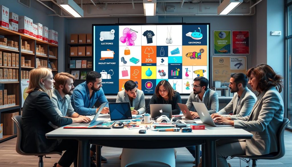 A visually engaging representation of the concept of "dropshipping niche selection." In the foreground, a diverse group of professionals in smart casual attire brainstorm together around a sleek table filled with product samples and laptops. The middle ground features a large digital screen displaying vibrant graphics of various product categories like electronics, fashion, and home décor. The background showcases a modern office environment with shelves of product boxes and colorful marketing posters. The lighting is bright and inviting, creating a collaborative atmosphere. The camera angle is slightly elevated, capturing the energy and focus of the team. The overall mood is dynamic, inspiring, and conveys the excitement of beginning a dropshipping journey in e-commerce. A visually engaging representation of the concept of "dropshipping niche selection." In the foreground, a diverse group of professionals in smart casual attire brainstorm together around a sleek table filled with product samples and laptops. The middle ground features a large digital screen displaying vibrant graphics of various product categories like electronics, fashion, and home décor. The background showcases a modern office environment with shelves of product boxes and colorful marketing posters. The lighting is bright and inviting, creating a collaborative atmosphere. The camera angle is slightly elevated, capturing the energy and focus of the team. The overall mood is dynamic, inspiring, and conveys the excitement of beginning a dropshipping journey in e-commerce.