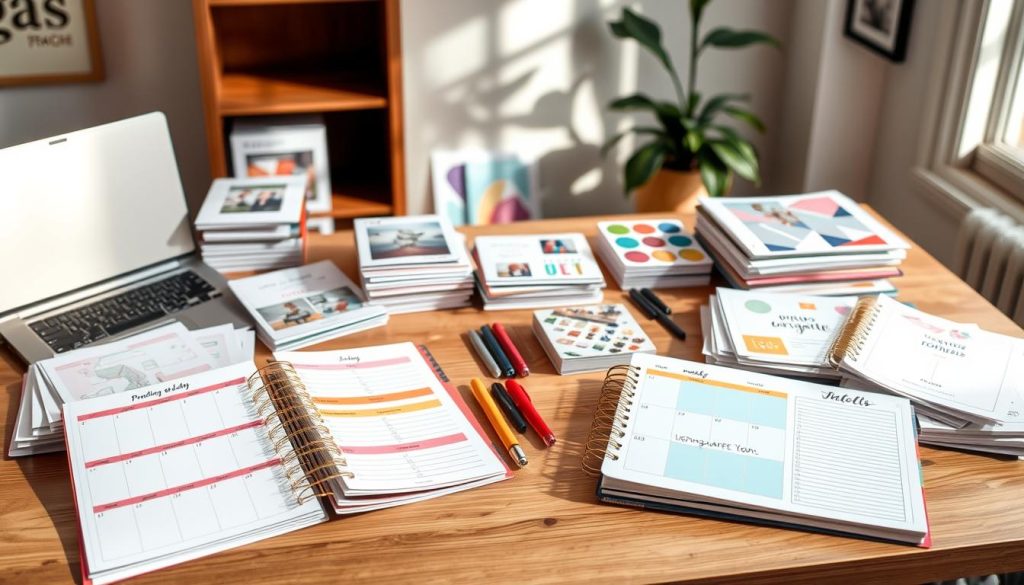 A visually inviting workspace scene showcasing an array of printable planners and organizers elegantly arranged on a clean, wooden desk. In the foreground, feature several open planners with colorful, aesthetically pleasing designs, including monthly and weekly layouts, to-do lists, and inspirational quotes. The middle ground presents organized stacks of planner printables, each with unique graphics, while a laptop and art supplies create a productive atmosphere. The background showcases soft, natural lighting coming through a window, casting gentle shadows, and a potted plant adds a touch of greenery. The overall mood is professional yet creative, inviting viewers to imagine the potential of these digital products.