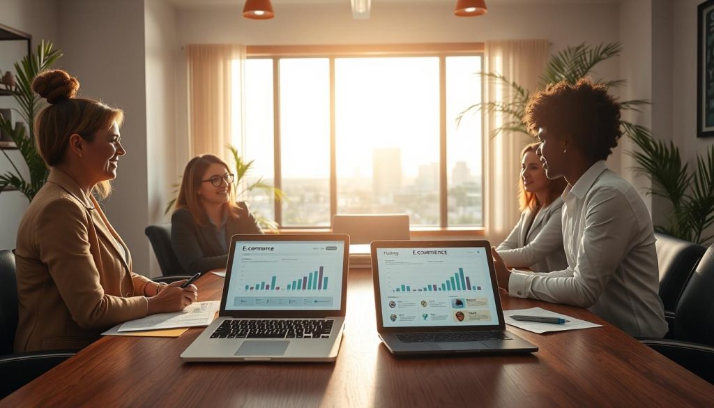 A warm and inviting office space representing small business funding in Florida. In the foreground, a diverse group of three entrepreneurs, dressed in professional business attire, are engaged in a discussion around a wooden conference table, with documents and charts outlining grant information. The middle layer features a large window with sunlight streaming in, casting a soft glow that creates a motivating atmosphere. On the table, a laptop displays e-commerce graphs and funding opportunities. In the background, tropical plants and a Florida skyline are visible, emphasizing the local context of small business initiatives. The overall mood is optimistic and collaborative, highlighting the potential for growth and success in the small business landscape. Use bright, natural lighting, a wide-angle lens to capture the scene, and a soft focus to enhance the welcoming feel. A warm and inviting office space representing small business funding in Florida. In the foreground, a diverse group of three entrepreneurs, dressed in professional business attire, are engaged in a discussion around a wooden conference table, with documents and charts outlining grant information. The middle layer features a large window with sunlight streaming in, casting a soft glow that creates a motivating atmosphere. On the table, a laptop displays e-commerce graphs and funding opportunities. In the background, tropical plants and a Florida skyline are visible, emphasizing the local context of small business initiatives. The overall mood is optimistic and collaborative, highlighting the potential for growth and success in the small business landscape. Use bright, natural lighting, a wide-angle lens to capture the scene, and a soft focus to enhance the welcoming feel.