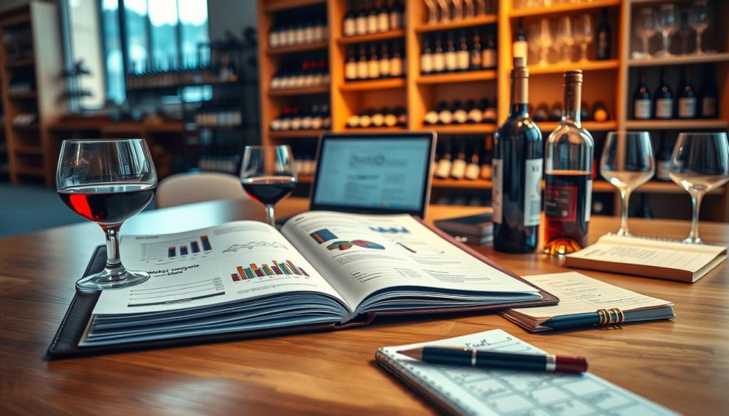 A well-organized workspace showcasing a detailed wine business plan. In the foreground, a sleek wooden desk with a neatly opened folder displaying charts and graphs depicting market analysis and growth strategies, alongside glasses of red and white wine to represent the product. In the middle ground, a laptop is open with a spreadsheet visible, and a notepad with handwritten notes is placed next to a vintage wine bottle. The background features shelves filled with wine bottles and wine glassware, softly illuminated by warm, ambient lighting from a nearby window. The mood is professional and inspiring, ideal for entrepreneurs in the wine industry, captured with a shallow depth of field to focus on the business plan elements.