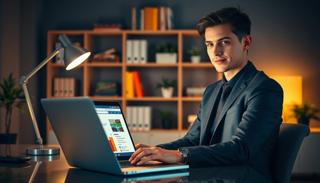 A young professional, male or female, confidently reviewing domain registration information on a laptop at a stylish modern desk. In the foreground, sharp details of the laptop screen display a colorful web browser with domain registration search results. The middle ground features the professional sitting upright, dressed in smart business attire, illuminated by warm desk lamp lighting that casts a soft glow. In the background, shelves filled with business books and plants add a calming touch. The overall atmosphere is focused and determined, conveying a sense of exploration and knowledge about domain ownership in the realm of e-commerce. The composition should be captured with a shallow depth of field to emphasize the subject while maintaining a clean, organized workspace aesthetic.