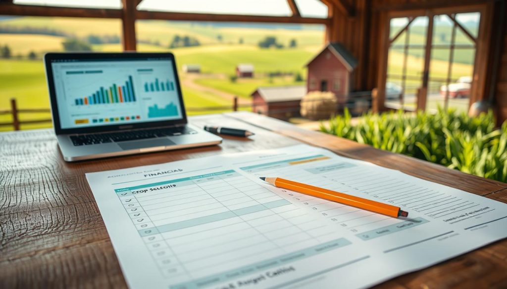 An agricultural planning template spread out on a rustic wooden table. In the foreground, the template features columns for financials, crops selection, and market analysis, neatly organized with checkboxes and graphs. In the middle, a laptop displays digital charts and a pencil lies beside the template, suggesting active work-in-progress. The background showcases a sunny farm landscape with rolling green fields and a barn, symbolizing a thriving agribusiness. Soft natural lighting pours in from a nearby window, casting gentle shadows that create a warm, inviting atmosphere. The mood is focused and inspiring, emphasizing productivity and strategic planning in agriculture, with no text or distractions in the image.