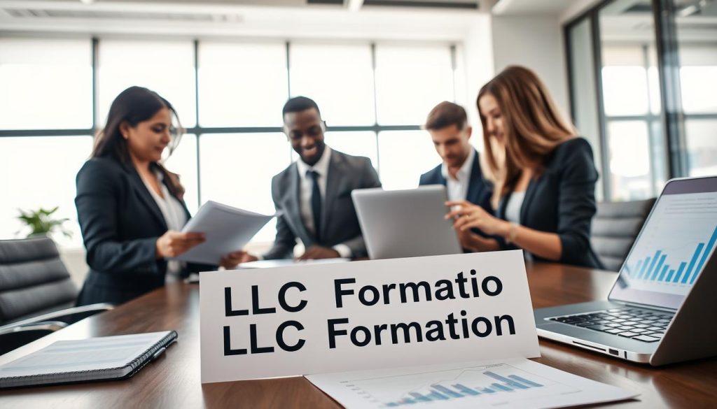 An office environment depicting LLC formation services. In the foreground, a diverse group of three professionals, dressed in smart business attire—one Hispanic woman reviewing documents, a Black man discussing with a Caucasian woman who is typing on a laptop—are collaborating at a modern conference table. In the middle ground, a document with the words "LLC Formation" prominently displayed, alongside a business planner and a laptop with graphs. The background features a bright, airy office space with a large window allowing natural light to flood the room, enhancing the productive atmosphere. The overall mood is one of professionalism and focus, encouraging collaboration and success in business formation. The angle is slightly elevated, capturing the dynamic interactions and the organized workspace.