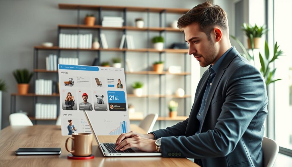 a modern dropshipping platform interface on a laptop screen, with a clean, user-friendly e-commerce dashboard showcasing product listings, order management, and analytics. In the foreground, a business professional in smart casual attire is focused on the laptop, typing thoughtfully, surrounded by office elements like stationery and a coffee mug. In the middle ground, a stylish office setting filled with soft natural light streaming through a large window, creating an inviting and productive atmosphere. The background features a sleek bookshelf with business books and plant decorations, enhancing the sense of a contemporary workspace. The overall mood is optimistic and entrepreneurial, illustrating the potential of dropshipping in the e-commerce world.