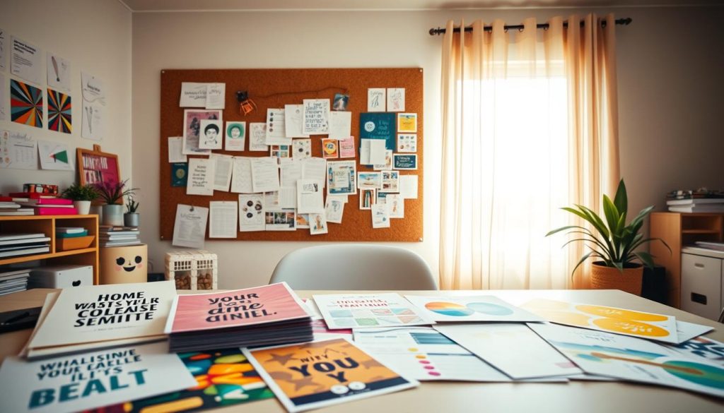 A creative workspace showcasing a variety of printable ideas. In the foreground, display a neatly arranged desk with colorful printouts featuring inspirational quotes, planners, and artistic designs, all laid out artistically. The middle ground features a large corkboard adorned with sketches, mood boards, and pinned digital mock-ups of printables. In the background, a sunlit window with sheer curtains allows natural light to illuminate the scene, enhancing the vibrant colors of the printables. The atmosphere feels warm and inviting, inspiring creativity. The lens should capture this in a soft focus, with a slight depth of field to emphasize the intricate details of the printouts. Choose a warm color palette that conveys a sense of innovation and enthusiasm for DIY projects.