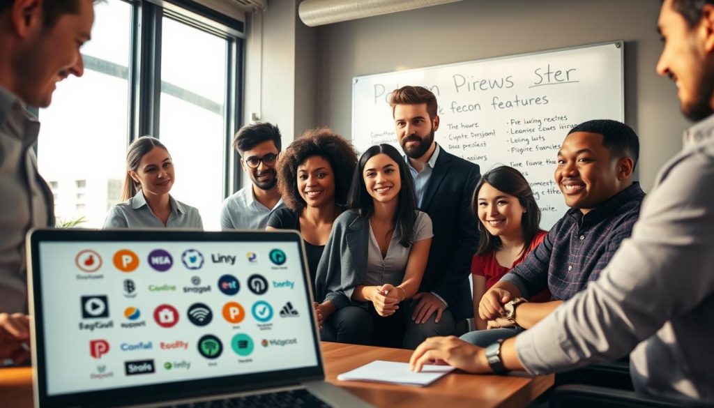 A diverse group of professional individuals, including men and women of various ethnic backgrounds, engaged in a collaborative discussion about Patreon alternatives. In the foreground, a laptop displays different logo icons representing various crowdfunding platforms. The middle ground showcases a modern office environment with a large window allowing natural light to pour in, casting soft shadows. A whiteboard in the background features bullet points about pricing and features written in clear, concise lettering. The atmosphere is productive and engaging, with warm lighting that enhances the focus on teamwork and innovation. The camera angle is slightly elevated, capturing the participants' expressions of enthusiasm and determination as they explore new opportunities in the creative funding landscape.