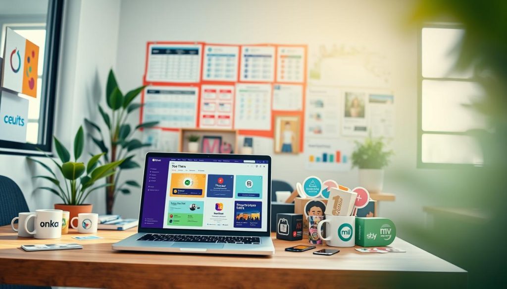 A modern and dynamic workspace showcasing various subscription service elements. In the foreground, a sleek laptop on a wooden desk displays a colorful dashboard of subscription tiers. Beside it, an assortment of branded merchandise, like mugs and stickers, represents different platforms. The middle layer features a vibrant wall with pinned comparison charts and graphics illustrating the features of various services. A plant adds a touch of greenery. In the background, a bright window allows natural light to pour in, creating a warm and inviting atmosphere. The mood is professional yet creative, emphasizing the innovation of alternative subscription services. Use a soft focus on the background for depth, while maintaining sharpness in the foreground items.