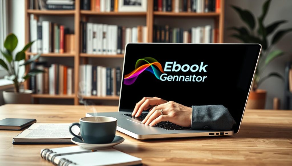 A modern workspace featuring a sleek laptop displaying AI eBook generator software, with colorful, flowing graphics symbolizing creativity and technology. In the foreground, a stylish notebook and a steaming cup of coffee sit beside the laptop, suggesting productivity and inspiration. In the middle of the scene, a pair of hands, dressed in professional business attire, are typing on the laptop, conveying a sense of engagement and innovation. The background includes bookshelf shelving filled with books and a subtle plant, adding warmth and life to the environment. Soft, natural lighting illuminates the workspace, creating a welcoming and focused atmosphere. The angle is slightly elevated, offering a clear view of the laptop's screen while maintaining a cozy environment.