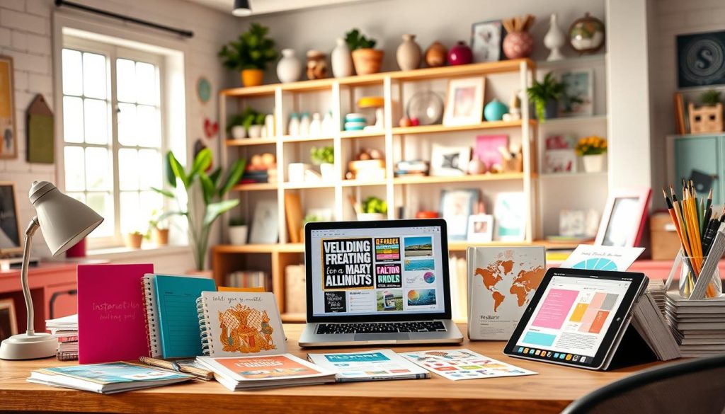 A vibrant and colorful workspace showcasing a variety of creative printables ready for sale. In the foreground, a beautifully arranged desk features colorful printed designs, such as planners, wall art, and educational materials, neatly displayed. In the middle ground, a stylish laptop and a tablet show digital versions of the printables, emphasizing modern design. The background includes a bright and inviting room filled with inspiration, featuring shelves lined with art supplies and decorative items. Soft natural lighting streams through a large window, creating a warm and motivating atmosphere. The scene conveys a sense of creativity and entrepreneurship, perfect for illustrating the benefits of selling printables in a professional context.